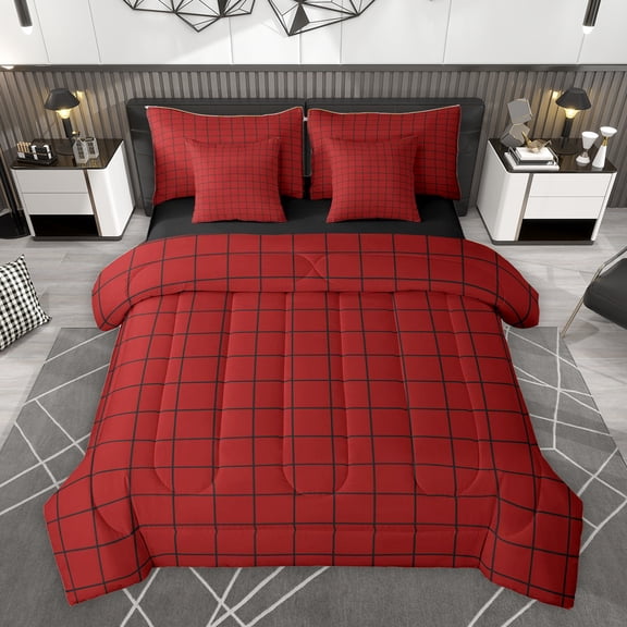 Homewish Chic Red Buffalo Bedding Comforter Set 7pcs for Adult, Square Checkered Plaid Queen Bedding Sets, Modern Abstract Reversible Queen Sheet Sets, Super Cozy Room Decor