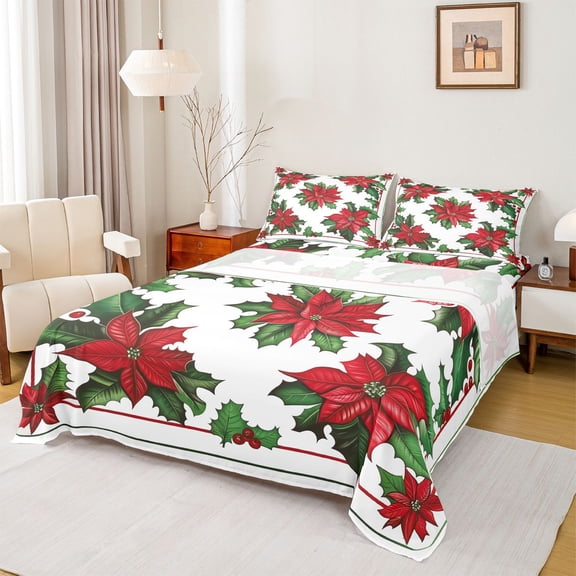 Homewish Chic Red Flowers Twin Sheet Sets 3pcs for Female Men Adults,Merry Christmas Twin Fitted Sheet Microfiber,Xmas Tree Leaves Breathable Flat Sheet,Ultra Soft Home Decor