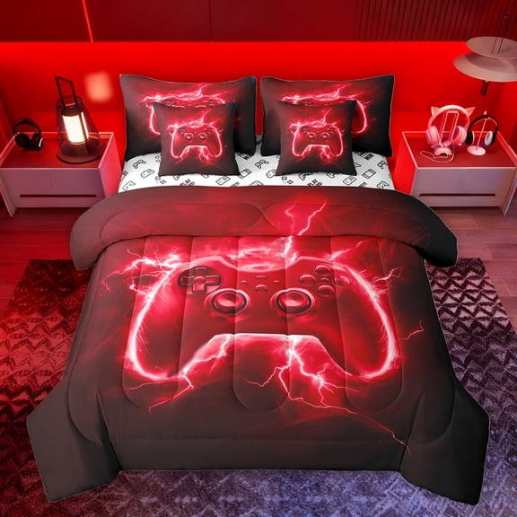 Homewish Chic Red Gamepad Twin Bedding Sets 7-Piece for Boys, Futuristic Game Console Bedding Comforter Set, Nature Lightning Reversible Sheet Sets, Breathable Home Decor
