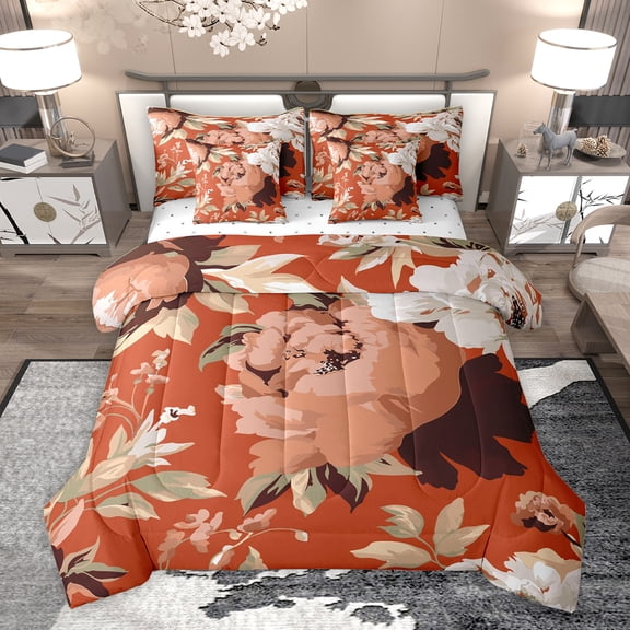 Homewish Chic Rose Floral Bedding Comforter Set 7 Pieces, Chocolate Watercolor Art Full Bedding Set, Retro French Style Reversible Fitted Sheet Flat Sheet, Lightweight Room Decor