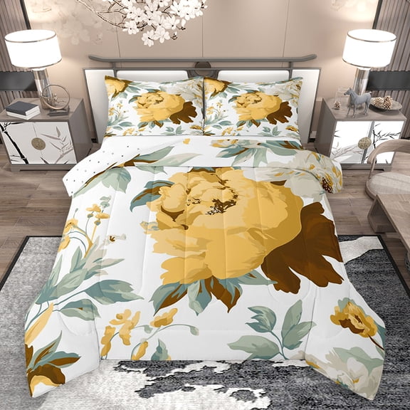 Homewish Chic Rose Floral Queen Comforter Set, White Yellow Watercolor Art Bedding Sets, Retro French Style Reversible Bedding Comforter Set, Ultra Soft Bedroom Decor, 3 Pieces
