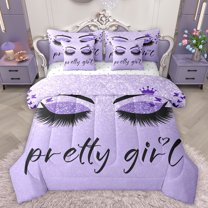 Homewish Chic Sparking Print 7-Piece Twin Bedding Sets,Kawaii Pretty Girl Bedding Comforter Set,Purple Black Sheet Sets For Men Women,Microfiber Bedroom Decor