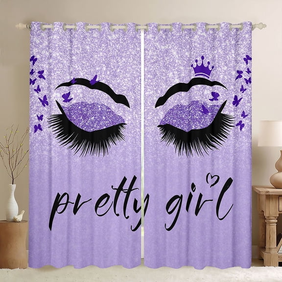 Homewish Chic Sparking Print Black Out Curtains,Kawaii Pretty Girl Curtains Pack of 2 (42x63 Each),Purple Black Bedroom Curtains For Men Women,Microfiber Bedroom Decor