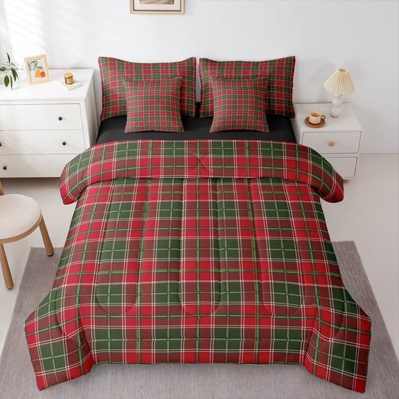 Homewish Chic Square Abstract Bedding Comforter Set 7pcs for Adult, Green Red Queen Bedding Sets, Modern Buffalo Plaid Reversible Queen Sheet Sets, Super Cozy Room Decor