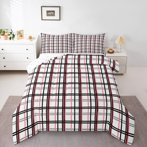 Homewish Chic Square Abstract Bedding Comforter Set for Adult, White Red Twin Comforter Sets, Modern Buffalo Plaid Reversible Bedding Set, Lightweight Room Decor, 2 Pieces