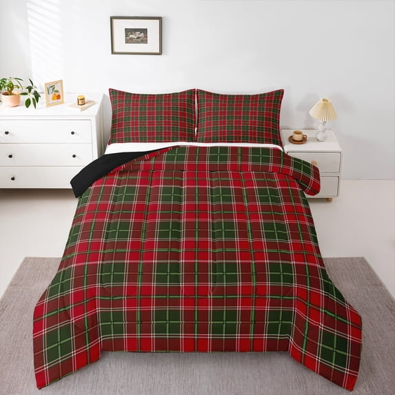 Homewish Chic Square Abstract Full Size Comforter Sets for Adult, Green Red Bedding Comforter Set, Modern Buffalo Plaid Reversible Bedding Sets, Super Cozy Room Decor, 3-Piece