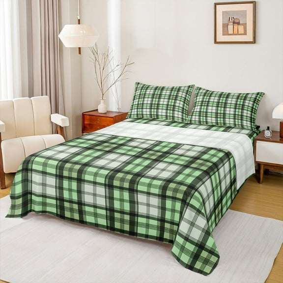 Homewish Chic Square Abstract Twin Sheet Sets for Adult, Green Checkered Twin Fitted Sheet, Modern Buffalo Plaid Flat Sheet, Luxury Bedroom Decor, 3 Pieces