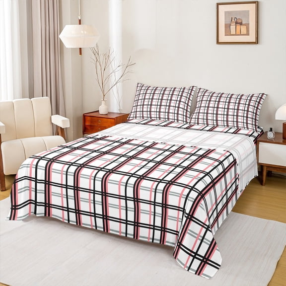 Homewish Chic Square Abstract Twin Sheet Sets for Adult, White Red Twin Fitted Sheet, Modern Buffalo Plaid Flat Sheet, Lightweight Room Decor, 3 Pieces