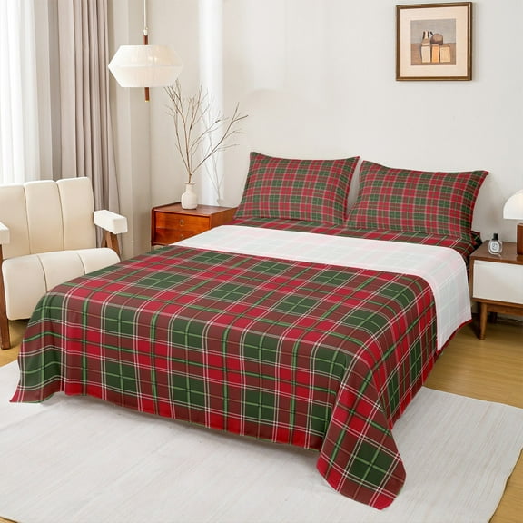 Homewish Chic Square Abstract Twin Sheet Sets for Adult, Green Red Twin Fitted Sheet, Modern Buffalo Plaid Flat Sheet, Super Cozy Room Decor, 3-Piece