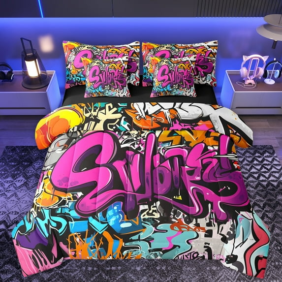 Homewish Chic Street Graffiti Bedding Comforter Set 7pcs for Kids, Cartoon Watercolor Queen Bedding Sets, Fashion Artwork Theme Reversible Queen Sheet Sets, Lightweight Room Decor