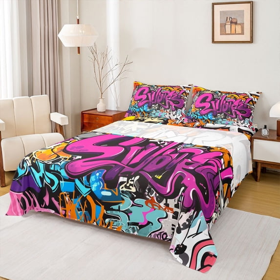 Homewish Chic Street Graffiti Full Size Sheets for Kids, Cartoon Watercolor Bed Sheets, Fashion Artwork Theme Sheet Sets, Lightweight Room Decor, 4pcs