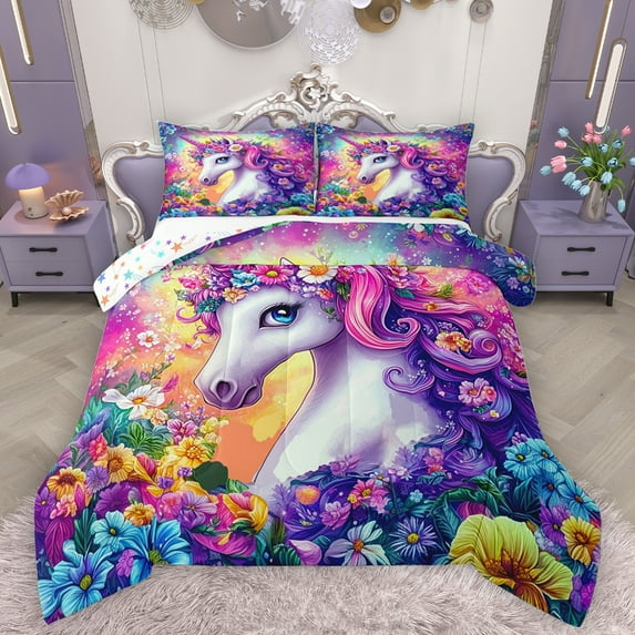 Homewish Chic Unicorn Bedding Comforter Set,Magic Cartoon Animal Twin Comforter Sets,Multicolor Flower Floral Bedding Set For Princess,Breathable Home Decor Reversible,2-Piece