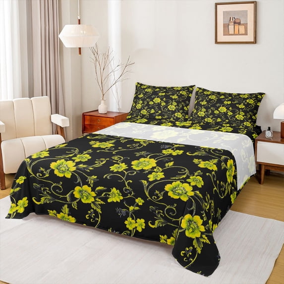 Homewish Chic Yellow Flowers 4-Piece Full Size Sheets for Teens Girls Boys,Exotic Style Bed Sheets,Floral Blossom Lightweight Sheet Sets,Ultra Soft Home Decor