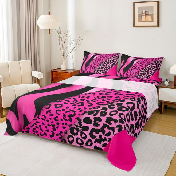 Homewish Chic Zebra Leopard Print Bed Sheets, Pink Wateroclor Art King Sheets, Modern Fashion Abstract Sheet Set, Luxury Bedroom Decor, 4pcs