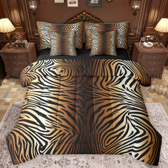 Homewish Chic Zebra Print 7-Piece Twin Bedding Sets,Abstract Geometric Stripes Bedding Comforter Set,White Black Brown Sheet Sets For Adults,Breathable Home Decor Reversible