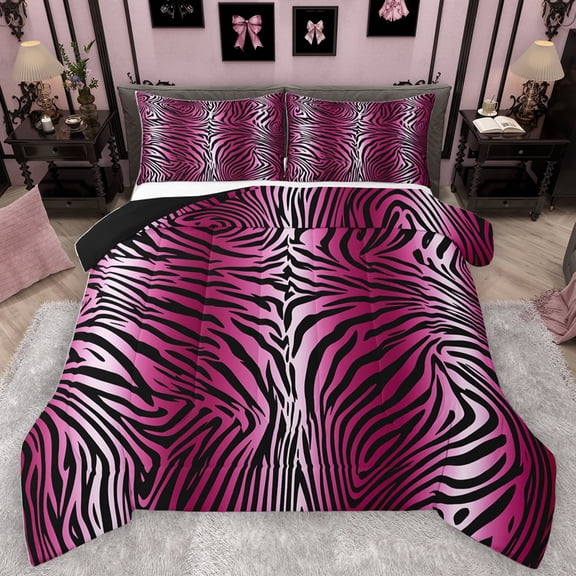 Homewish Chic Zebra Print Bedding Comforter Set,Abstract Geometric Stripes Twin Comforter Sets,Pink White Black Bedding Set For Adults,Breathable Home Decor Reversible,2pcs