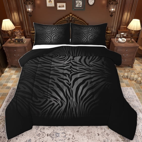 Homewish Chic Zebra Print Queen Comforter Set,Abstract Geometric Stripes Bedding Sets,Black Gray Bedding Comforter Set For Adults,Breathable Home Decor Reversible,3pcs