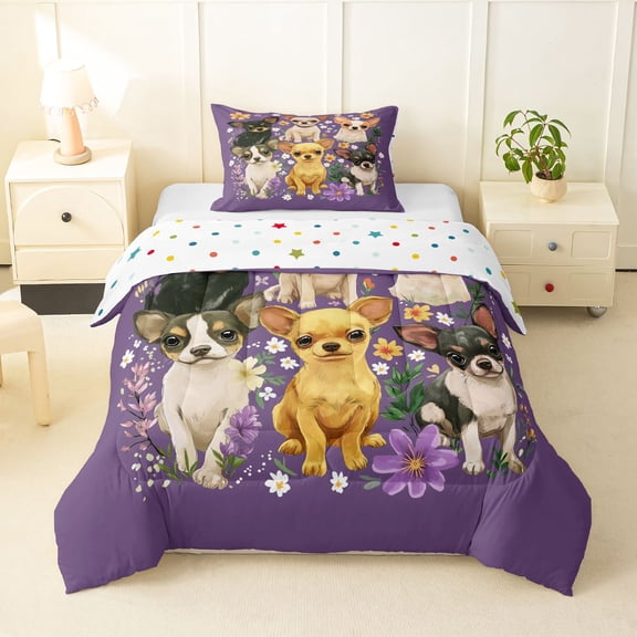 Homewish Chihuahua Animal Twin Comforter Sets,Spring Flower Bedding Set,Purple,Polkadot Reversible,2-Piece,1 Comforter and 1 Pillowcase