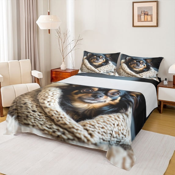 Homewish Chihuahua Dog Bed Sheets,Cute Pet Themed Full Size Sheets,Black,4-Piece,1 Flat Sheet, 1 Fitted Sheet and 2 Pillowcases