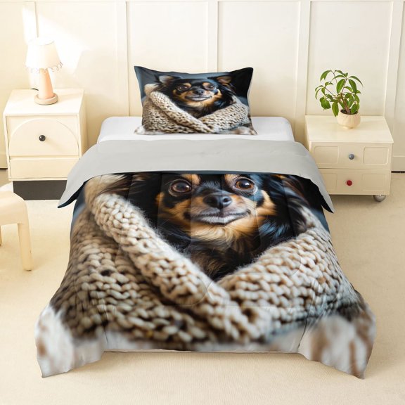 Homewish Chihuahua Dog Twin Comforter Sets,Cute Pet Themed Bedding Set,Black,Light Gray Reversible,2pcs,1 Comforter and 1 Pillowcase