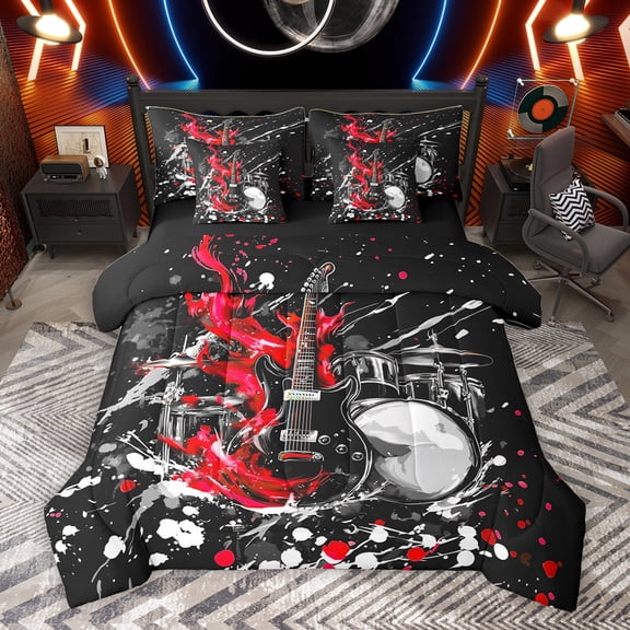 Homewish Child Guitar Music Bedding Comforter Set 7pcs, Splash Artwork King Bedding Sets, Cartoon Musical Instruments Reversible Bed Sheets, Ultra Soft Bedroom Decor