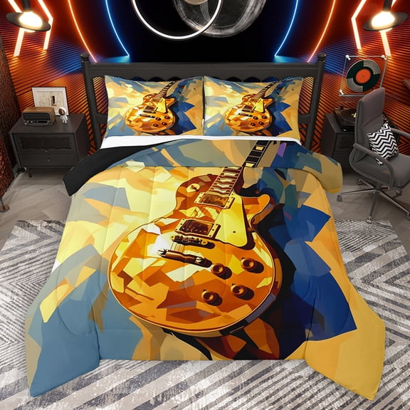 Homewish Child Guitar Queen Comforter Set, Modern Music Bedding Sets, Cartoon Musical Instruments Reversible Bedding Comforter Set, Lightweight Room Decor, 3 Pieces