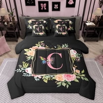 Homewish Child Initial C Letter Twin Bedding Sets 7-Piece, Butterfly Animal Bedding Comforter Set, Rustic Cartoon Rose Floral Reversible Sheet Sets, Super Cozy Room Decor