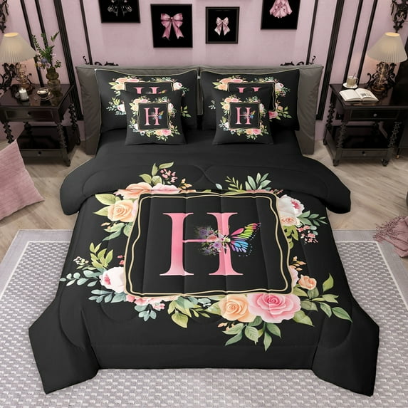 Homewish Child Initial H Letter Bedding Comforter Set 7pcs, Butterfly Animal Queen Bedding Sets, Rustic Cartoon Rose Floral Reversible Queen Sheet Sets, Ultra Soft Bedroom Decor