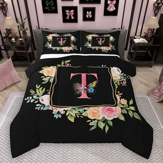 Homewish Child Initial T Letter Bedding Comforter Set, Butterfly Animal Twin Comforter Sets, Rustic Cartoon Rose Floral Reversible Bedding Set, Ultra Soft Bedroom Decor, 2-Piece
