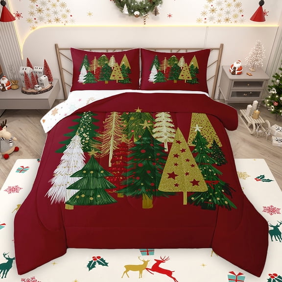 Homewish Child Merry Christmas Bedding Comforter Set, Red Green Xmas Tree Twin Comforter Sets, Cartoon Stars Polkadots Reversible Bedding Set, Luxury Bedroom Decor, 2-Piece
