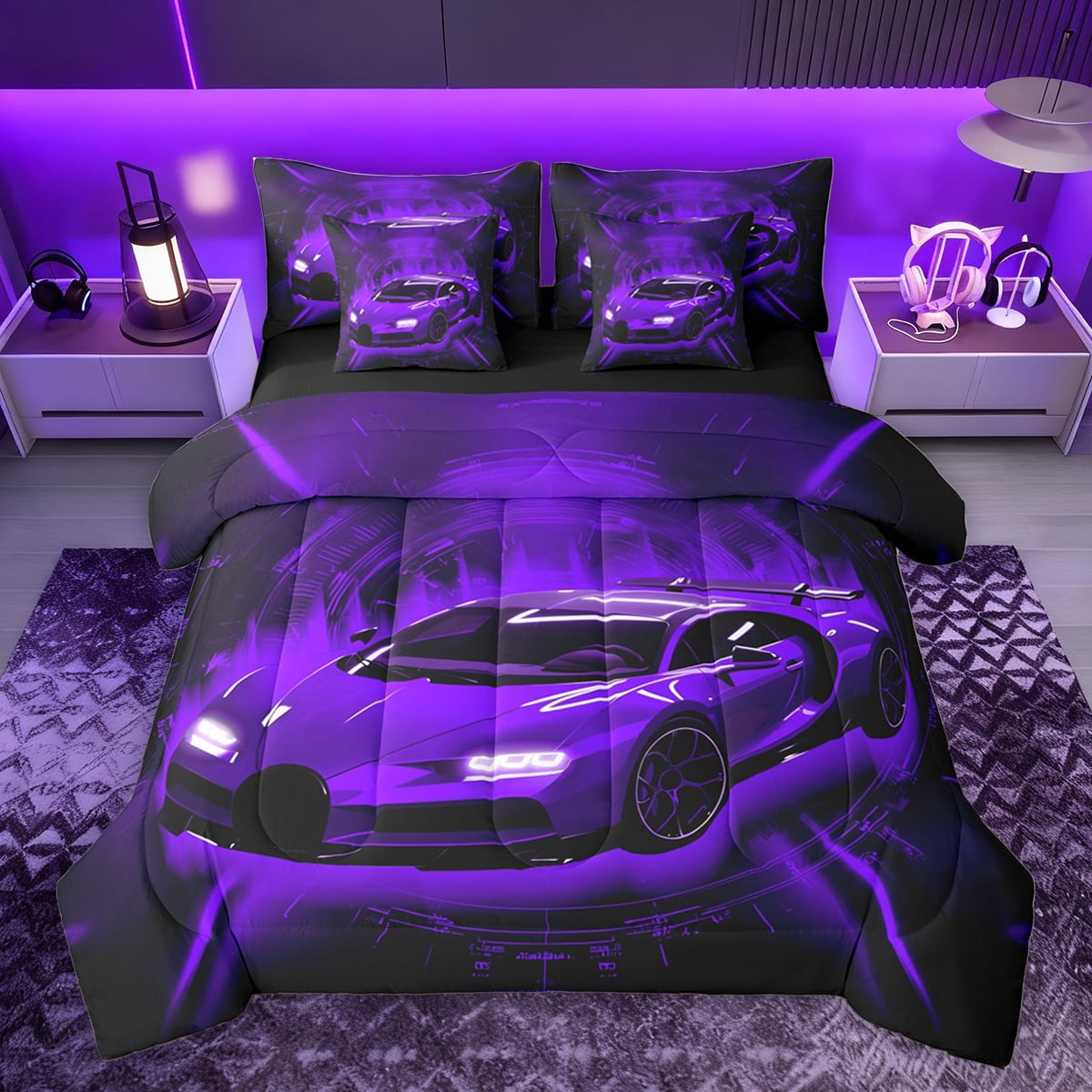 Homewish Child Racing Car Bedding Comforter Set 7pcs, Black Purple ...