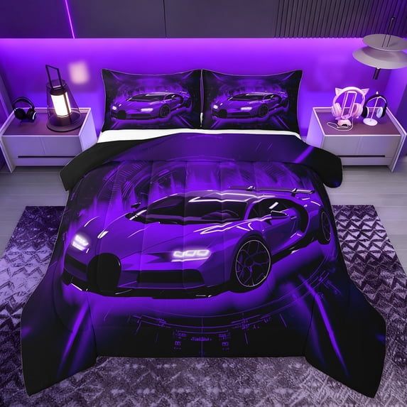 Homewish Child Racing Car Bedding Comforter Set, Black Purple Automobile Twin Comforter Sets, Cartoon Sports Theme Reversible Bedding Set, Lightweight Room Decor, 2pcs