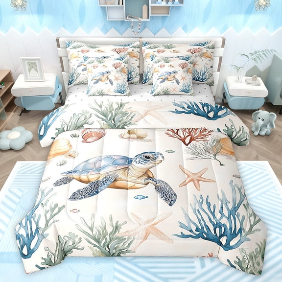 Homewish Child Sea Turtle Bedding Comforter Set 7pcs, Kawaii Marine Coral Sealife Queen Bedding Sets, Vintage Cartoon Theme Reversible Queen Sheet Sets, Lightweight Room Decor