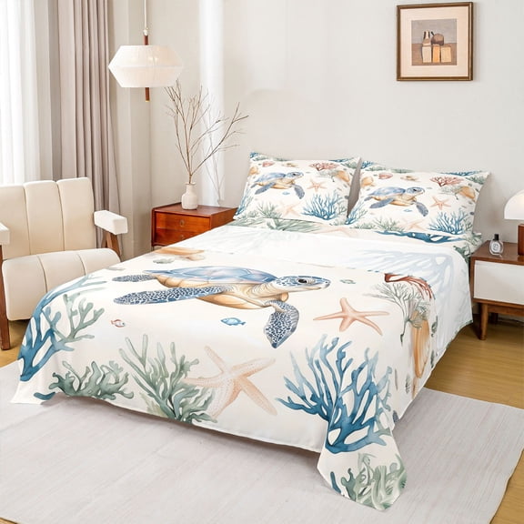 Homewish Child Sea Turtle Queen Sheet Sets, Kawaii Marine Coral Sealife Flat Sheet, Vintage Cartoon Theme Queen Fitted Sheet, Lightweight Room Decor, 4-Piece