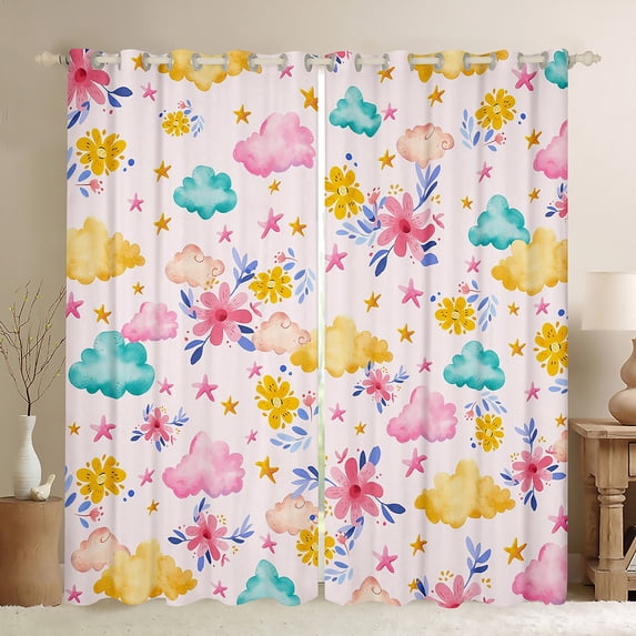 Homewish Child Teens Cartoon Flowers Black Out Curtains,Starry Sky Curtains Pack of 2 (42x63 Each),Dreamy Princess Bedroom Curtains,Ultra Soft Home Decor