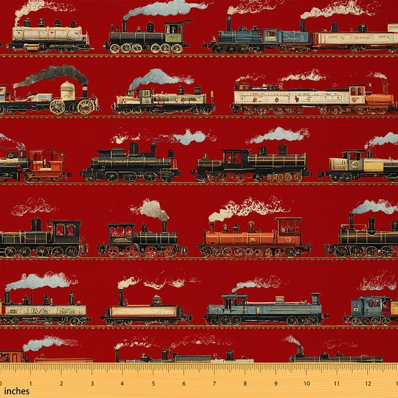 Homewish Child Vintage Train Fabric by the Yard 1 Yard, Western Steam Engine Room Decor Fabric by the Yard, Cartoon Truck Vehicle Sewing Fabric, Breathable Home Decor
