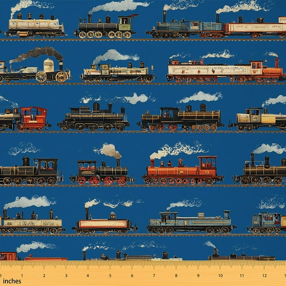 Homewish Child Vintage Train Fabric by the Yard 2 Yards, Western Steam Engine Sewing Fabric, Cartoon Truck Vehicle Fabric for Sewing, Luxury Bedroom Decor