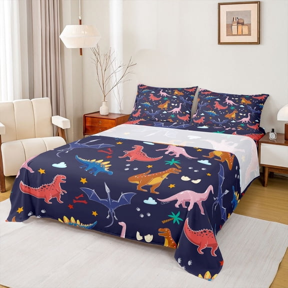 Homewish Children Kids Cartoon Dinosaur 4 Pieces Queen Sheet Sets,Jungle Animal Ultra Soft Flat Sheet,Kawaii Wildlife Dino Queen Fitted Sheet,Breathable Home Decor