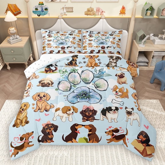 Homewish Children Kids Cartoon Dogs 3-Piece Full Size Comforter Sets,Flower Animal Bedding Comforter Set,Kawaii Pet Lightweight Bedding Sets,Lightweight Room Decor,Reversible