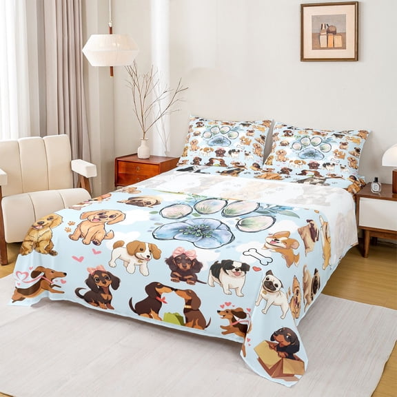 Homewish Children Kids Cartoon Dogs 3pcs Twin Sheet Sets,Flower Animal Twin Fitted Sheet,Kawaii Pet Breathable Flat Sheet,Lightweight Room Decor