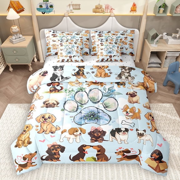 Homewish Children Kids Cartoon Dogs 7-Piece Twin Bedding Sets,Flower Animal Bedding Comforter Set,Kawaii Pet Breathable Sheet Sets,Lightweight Room Decor,Reversible
