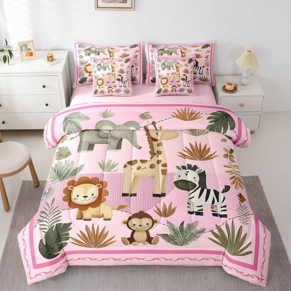 Homewish Children Lion Zebra Giraffe 7-Piece Bedding Comforter Set,Cartoon Animal King Bedding Sets,Woodland Wildlife Ultra Soft Bed Sheets,Microfiber Bedroom Decor,Reversible