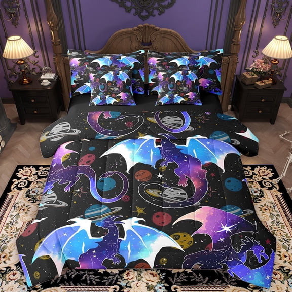 Homewish Children Magical Dragon 7-Piece Bedding Comforter Set,Cartoon Animal King Bedding Sets,Universe Galaxy Planet Ultra Soft Bed Sheets,Microfiber Bedroom Decor,Reversible