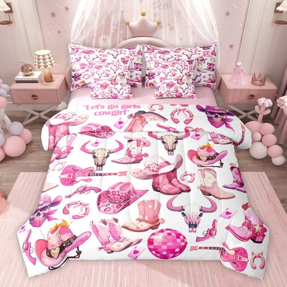 Homewish Children Teenagers Western Cowgirls Boots Hats Twin Bedding Sets 7-Piece,Disco Ball Guitar Bedding Comforter Set Microfiber,Old Fashion Breathable Sheet Sets,Ultra Soft Home Decor
