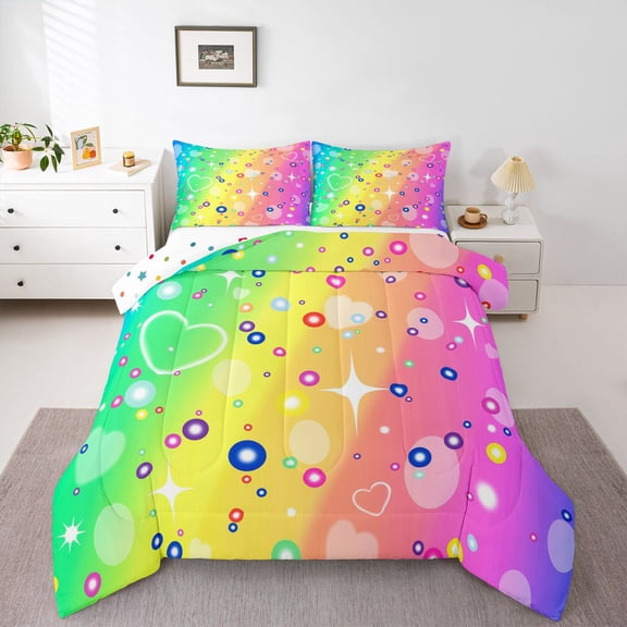 Homewish Children Teens Girls Colorful Circles Full Size Comforter Sets 3-Piece,Abstract Gradient Bedding Comforter Set,Love Heart Stars Print Lightweight Bedding Sets,Microfiber Bedroom Decor