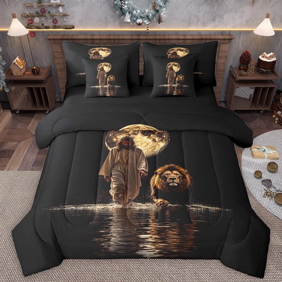 Homewish Christian Bible Verses Bedding Comforter Set 7pcs, 3D Lion Wildlife Queen Bedding Sets, Mystic Gold Moon Reversible Queen Sheet Sets, Ultra Soft Bedroom Decor