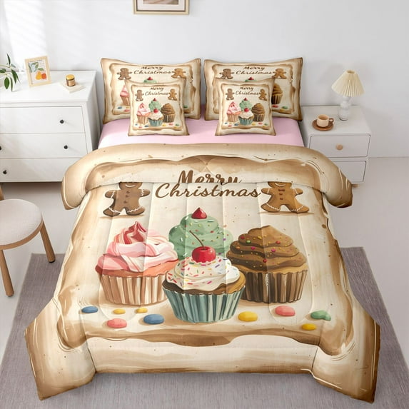 Homewish Christmas Cake Dessert Bedding Comforter Set 7-Piece for Kids, Cute Gingerbread Man King Bedding Sets, Happy New Year Reversible Bed Sheets, Super Cozy Room Decor