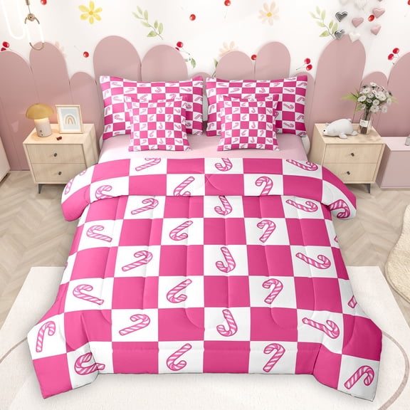 Homewish Christmas Candy Cane 7-Piece Bedding Comforter Set,Merry Xmas King Bedding Sets,Pink White Grid Bed Sheets For Kids,Luxury Bedroom Decor Reversible