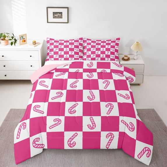 Homewish Christmas Candy Cane Full Size Comforter Sets,Merry Xmas Bedding Comforter Set,Pink White Grid Bedding Sets For Kids,Luxury Bedroom Decor Reversible,3-Piece