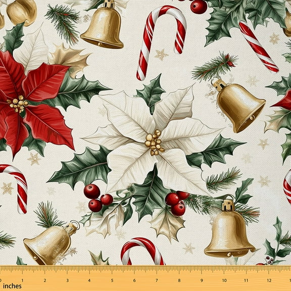 Homewish Christmas Candy Cnae Fabric by the Yard 1 Yard,Xmas Flower Berry Home Decor Fabric by the Yard,Green Leaves Sewing Fabric For Girls,Super Cozy Room Decor